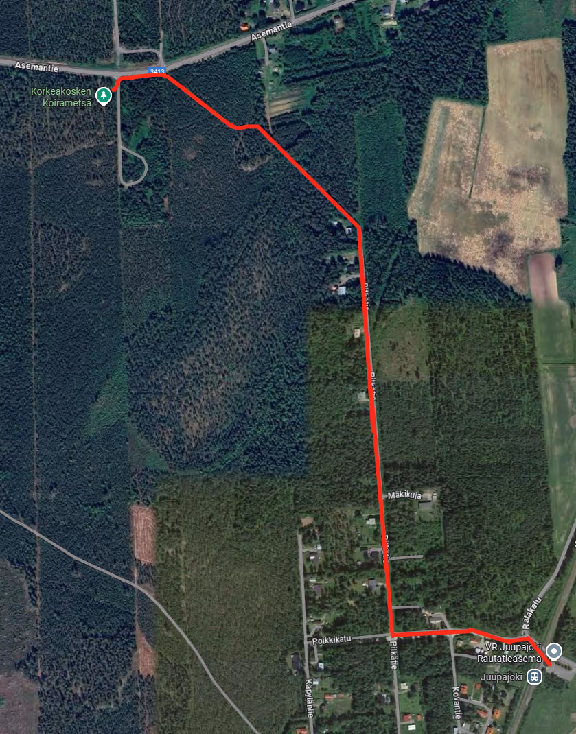 Kartta, joka näyttää kävelyreitin Juupajoen rautatieasemalta Korkeakosken koirametsään. Punainen viiva osoittaa noin 1,3 kilometrin matkan metsätien läpi.